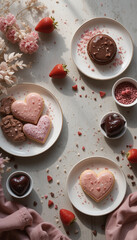 Heart shaped desserts with strawberries arranged for romantic celebration