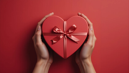 Heart shaped gift box held in hands on red background