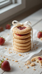 Strawberry filled cookies tied with ribbon for sweet gifting