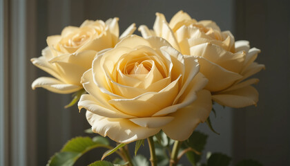 Soft yellow roses blooming in gentle window light