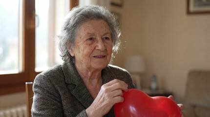 Elderly woman holding red heart symbol of care and compassion