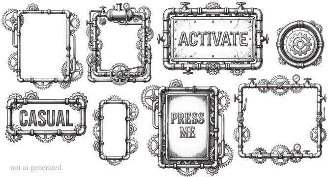 Steampunk Industrial Border Set: Hand-Drawn Engraving Style Vector Frames with Gears, Pipes, Valves, and Mechanical Cogwheels on White Background