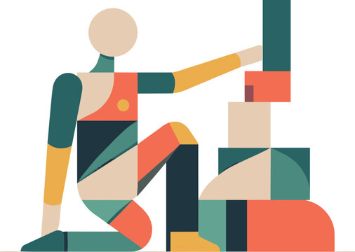 Abstract geometric human figure partially aligns with the structured forms becoming simplified pattern suggesting internalization