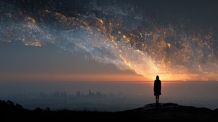 Fototapeta premium Lonely silhouette standing on wet surface against glowing city lights in thick fog