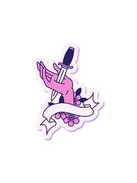 splitting motion animation of tattoo style sticker with banner of a dagger in the hand