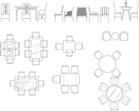 Vector line art collection featuring various dining room arrangements, including rectangular, square, and round dining tables with chairs in both top view (floor plans) and front/side views (elevation