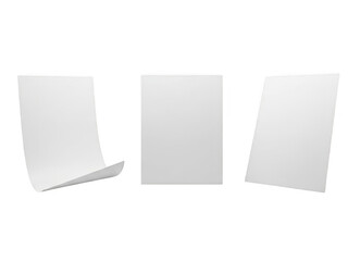 Three blank white paper sheets with one curled isolated on a transparent background