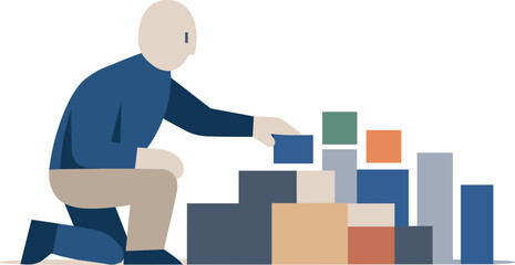 Single abstract geometric human figure aligns multiple blocks into structured arrangement revealing emergent clarity and logical