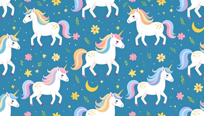 Seamless pattern White unicorns with rainbow manes/tails, with flowers, stars, and crescent moons on blue background