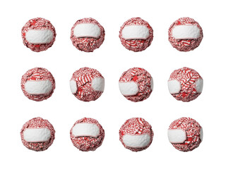 Twelve round red and white striped candies with blank labels isolated on a transparent background