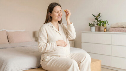 Pregnant woman relaxing at home using bakuchiol serum bedroom calm environment wellness concept