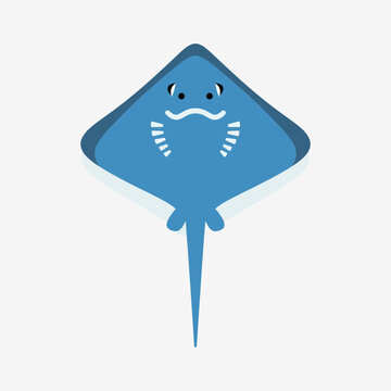Stylized blue stingray illustration with a smiling face on a white background.