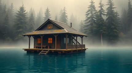 Fototapeta premium Misty Forest Lake Cabin with Calm Water Reflection – Peaceful Wooden House Surrounded by Pine Trees 