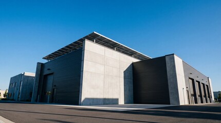 Fototapeta premium Modern industrial building exterior featuring concrete walls and rooftop solar panels under a clear blue sky on a sunny day for commercial architecture