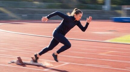 Obraz premium Young Caucasian female sprinter running fast from starting blocks on sunny outdoor red track with motion blur background