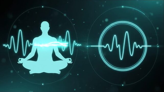 Zen and the Mind: A serene silhouette of a person in lotus position merges with energy, depicted within a circular wave, symbolizing the transformative power of meditation and mindfulness. 