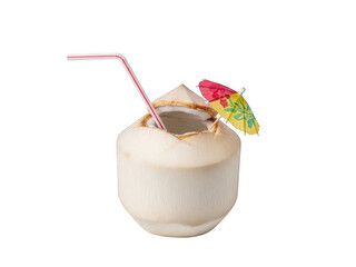 Whole coconut drink with straw and umbrella isolated on a transparent background
