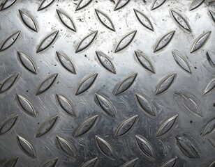 Shiny, textured metal surface with raised lozenge patterns, reflecting light, showing scratches and wear