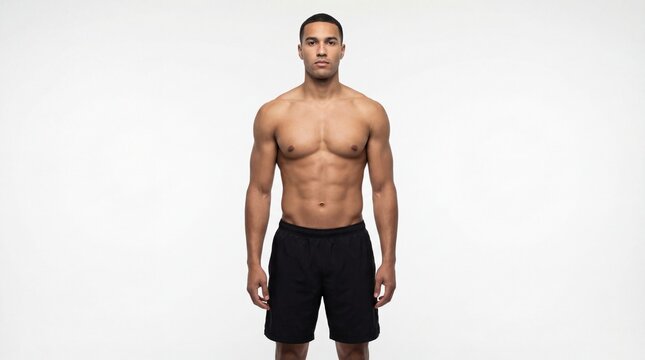 Confident young mixed race athlete standing shirtless with muscular body and defined abs wearing black shorts in studio isolated on white background
