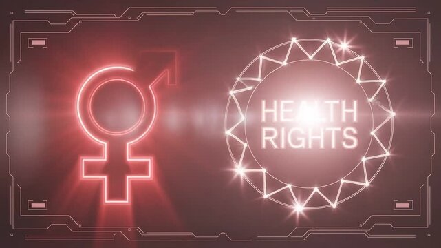 Health Rights and Equality: A digital representation highlights the concepts of health rights and equality, symbolized by gender symbols and geometric patterns on a digital interface.