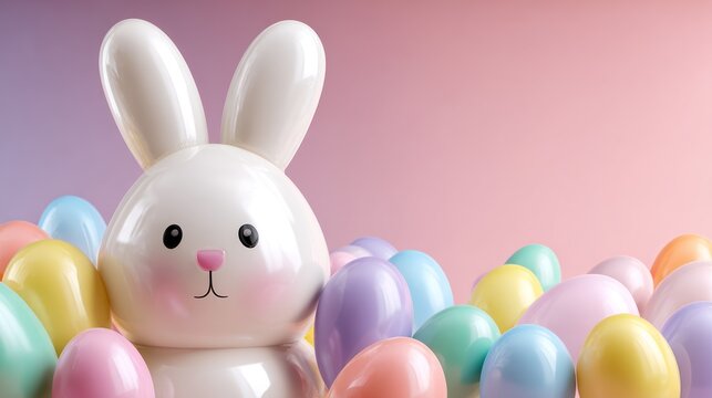 Shiny White Bunny Inflatable With Colorful Easter Eggs &ndash; Cute Easter Decor, Balloons, and Pastel Colors for Spring Celebration, Family Fun, and Easter Sunday Decoration