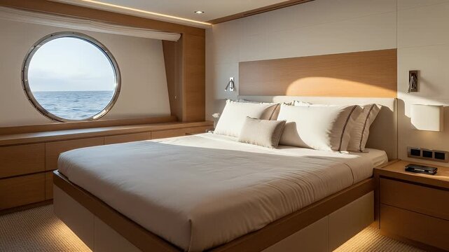 A luxurious and modern bedroom on a yacht, featuring a large bed with white linens, wooden paneling, and a round porthole window offering a scenic ocean view.