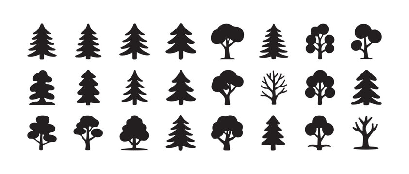 Collection of twenty one assorted black silhouette icons representing various types of trees in rows