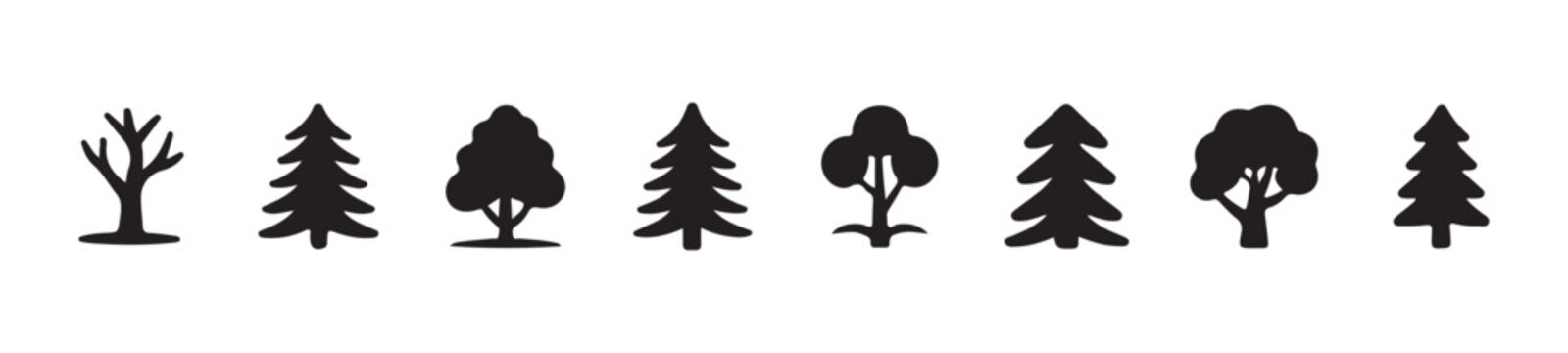 Row of eight simple black silhouette icons featuring diverse evergreen and broadleaf tree shapes