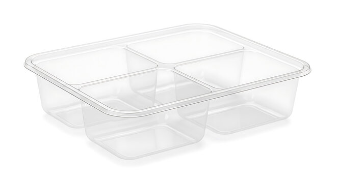 Clear plastic compartment food tray with four sections isolated on white background
