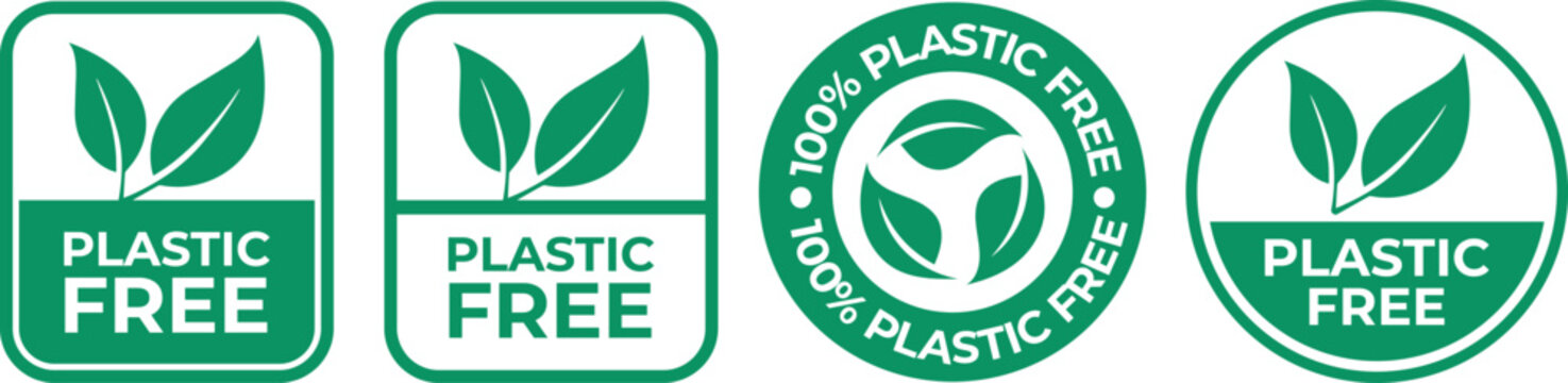 Set of Green "Plastic Free" and "100% Plastic Free" Vector Badges with Leaf Icons, isolated