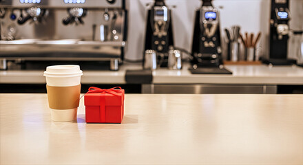 Takeaway coffee cup and red gift box on cafe counter. Disposable paper cup with sleeve next to present. Valentine's Day concept with copy space