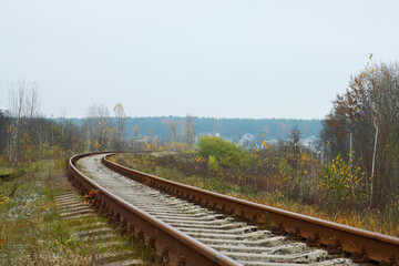 Obraz premium Curved Rusty Railroad Tracks in Autumn Countryside