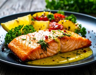 Seared salmon fillet served with potatoes, tomato salad, lemon wedges, and creamy sauce atop a dark plate