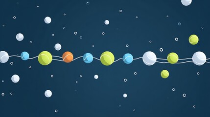 Colorful infographic illustration of connected spheres in space with vibrant blue green yellow and orange hues on dark background