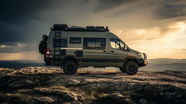 Rugged olive green camper van parked on a rocky mountain peak at sunset, ready for adventure.