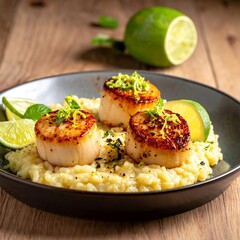 Seared scallops atop yellow rice, garnished with lime zest and slices, presented on a dark grey plate over wood