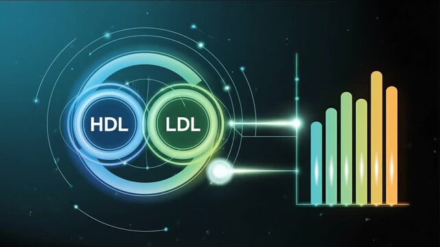 Cholesterol Levels Visualization: An intricate digital illustration showcases HDL and LDL cholesterol levels, complemented by a bar graph, providing an insightful visualization of health indicators.