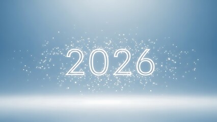 Digital representation of the future year two thousand twenty six illuminated with sparkling light particles against a cool blue background.