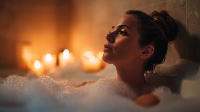 Woman enjoys a bath at home while relaxing in bubbles and dim light with candles around in the evening