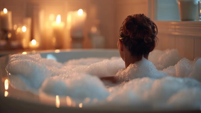 Woman enjoys a warm bath at home with candles lit in the evening
