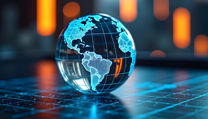 Transparent Globe with Visible Continents and Glowing Stock Market Charts, Global Finance and Generative AI Concept