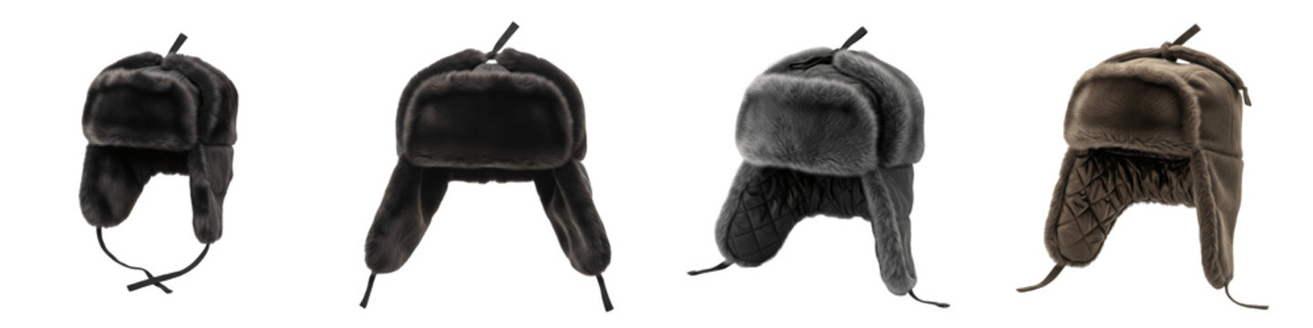 Realistic Faux-Fur Ushanka Collection Featuring Heavyweight Winter Designs with Plush Ear Flaps and Ties Isolated on White Background PNG Mockup