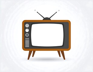 Retro TV image features a blank white screen, brown wooden frame, and black rabbit-ear antennas on white background