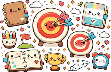 Doodle Target Success. Adorable doodle goal composition featuring cheerful bullseye targets, cute arrows hitting the mark, and
