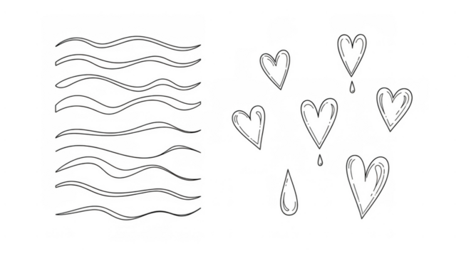 Black and white illustration of hearts and wavy lines on transparent background - Powered by Adobe