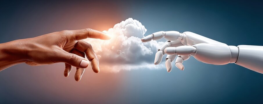 Human hand and robotic arm reach toward each other, touching in a moment of connection and innovation - Powered by Adobe