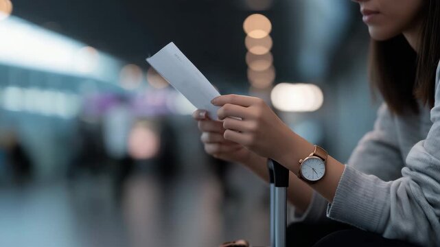 macro close-up of a business traveler woman&rsquo;s hands holding a boarding pass and looking at wristwatch in an airport terminal, boarding 4K