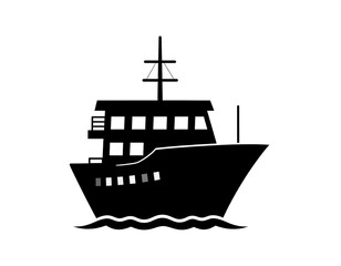 Silhouetted vessel with multi-paneled windows atop wavy water, showcasing a streamlined, nautical form