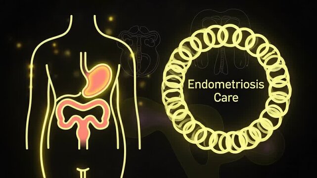 Endometriosis: medical illustration highlighting the uterus, fallopian tubes and associated regions, with a circular diagram.