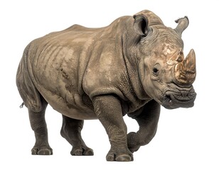 Obraz premium Rhino A large, grey rhinoceros walks forward with determination, isolated against a bright white background